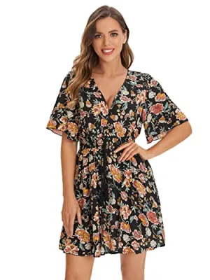 Black And White Floral Women's Boho Button Up Split Floral Print Flowy Party Dress - Milumia